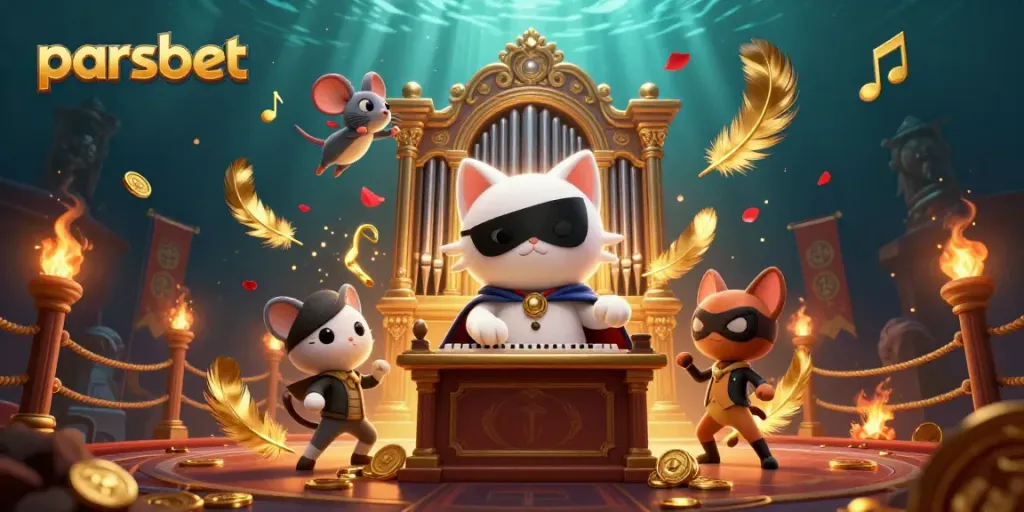 Experience the thrill of parsbet in this vibrant 3D casino scene featuring a whimsical cat, mouse acrobat, and dynamic gaming elements.