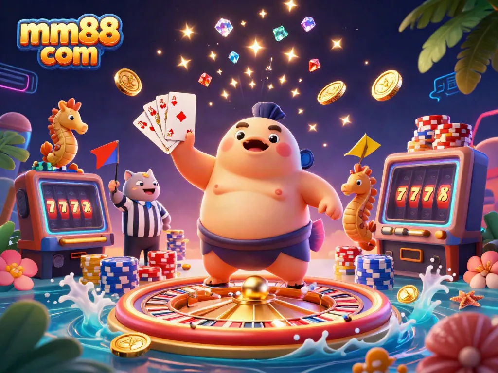 Experience the excitement of mm88 com with a fugu sumo wrestler and vibrant gambling elements in a rich underwater scene.