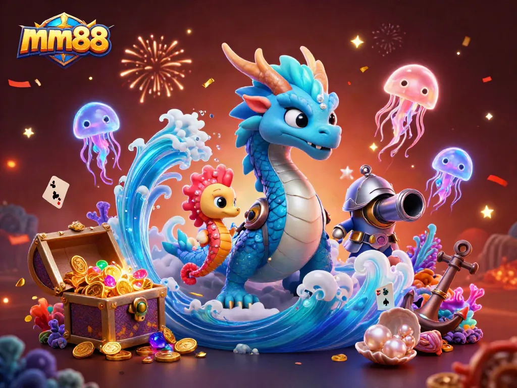 Experience the magic of mm88 as the azure water dragon guards treasures in this vibrant casino scene.