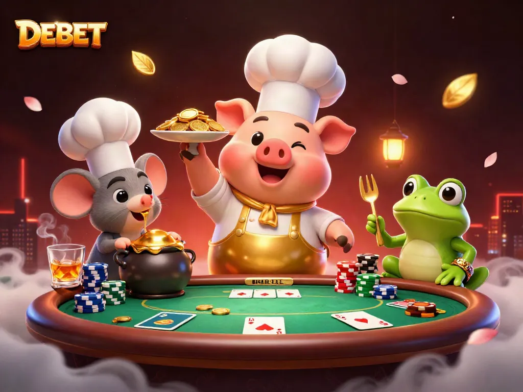 Experience DEBET's vibrant world as a chef pig serves gold coins among poker excitement.