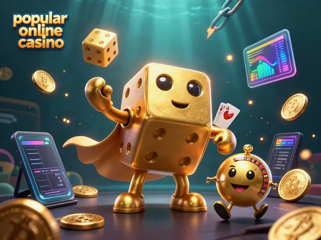 Experience the thrill at a popular online casino with a playful golden dice golem and crypto elements.
