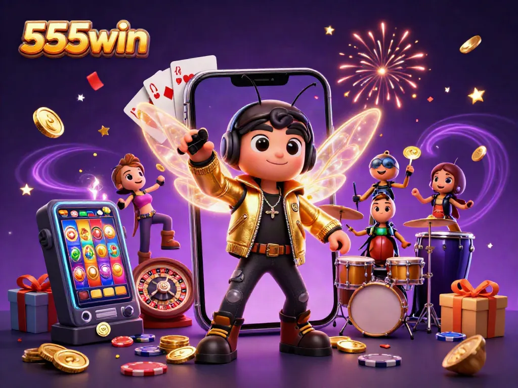 Experience the vibrant excitement of 555win with a buzzing rock star and lively casino elements.