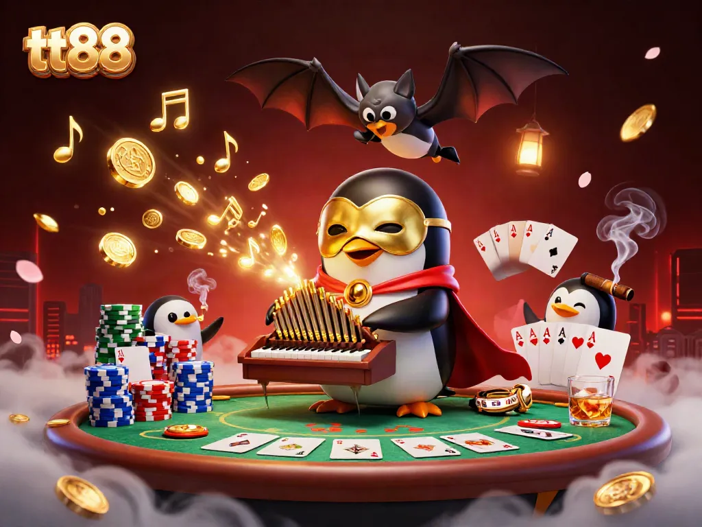 Playing with tt88's thrilling games, a penguin and bat create an enchanting casino atmosphere.