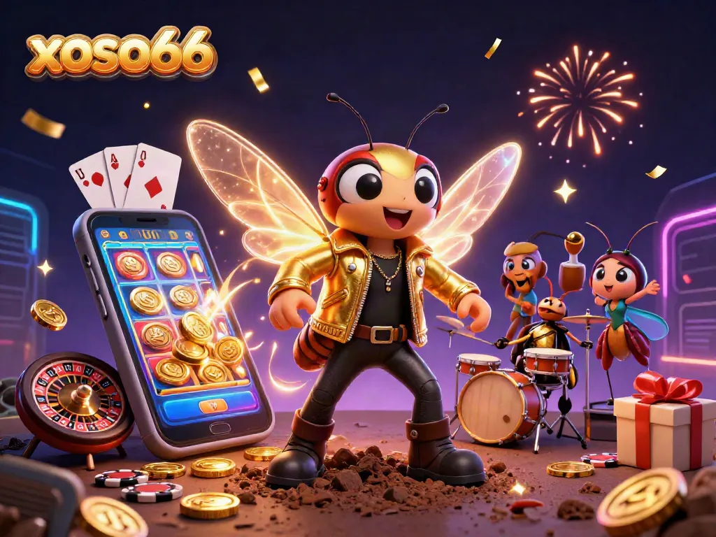 xoso66 engages players in a colorful casino world with a cicada rock star and dynamic gaming elements.