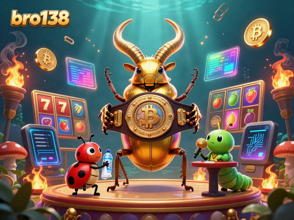 View the thrilling action of bro138 with a giant golden stag beetle in a boxing belt and colorful gaming elements.