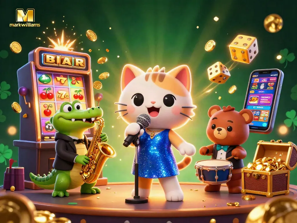 Engage with markwwilliams in a vibrant casino scene featuring lively characters, slot machines, and jackpots.