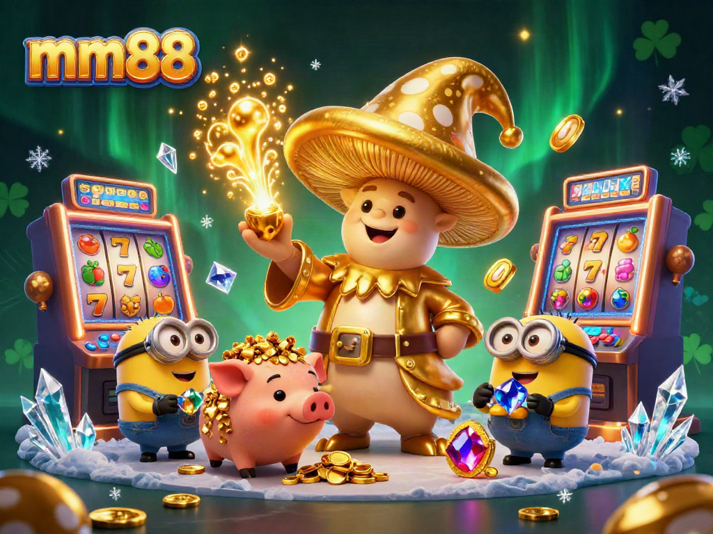 Experience the magic of mm88 in this vibrant casino illustration showcasing golden treasures and slot machines.