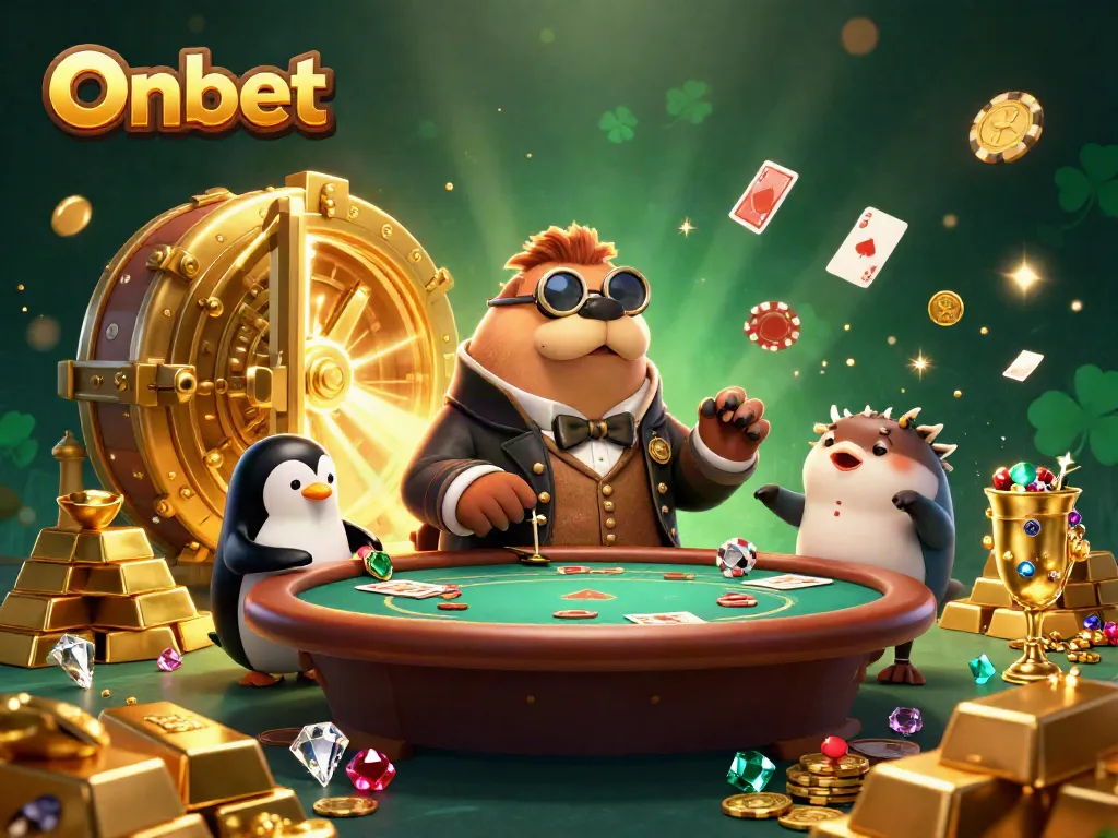 Experience the excitement of Onbet with card-playing walrus and dealer in a vibrant casino underwater scene.