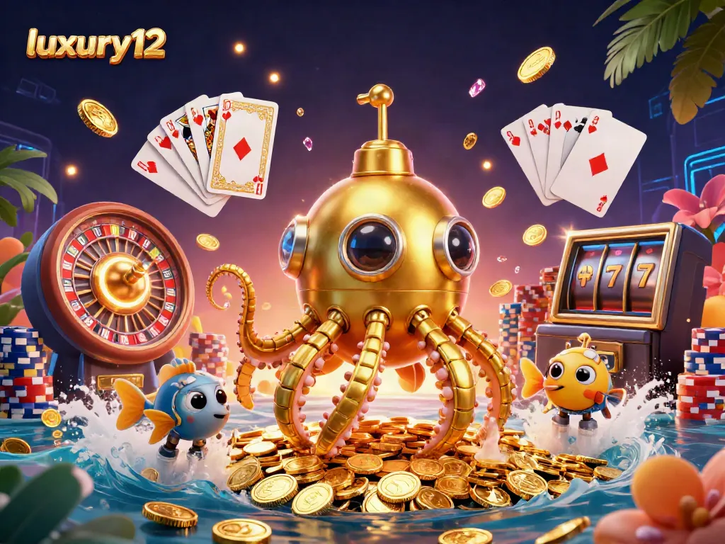 Experience the thrill of winning with luxury12 as a golden kraken submarine emerges from a sea of coins.