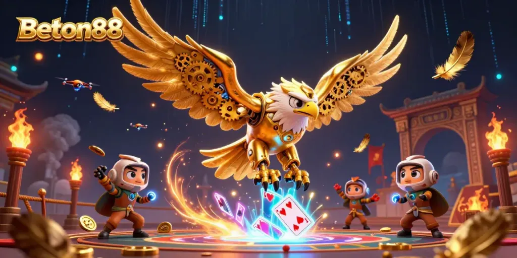 Slot permainan lutut beton88 dengan karakter elang cybernetik bersinar dalam latar belakang gelap.