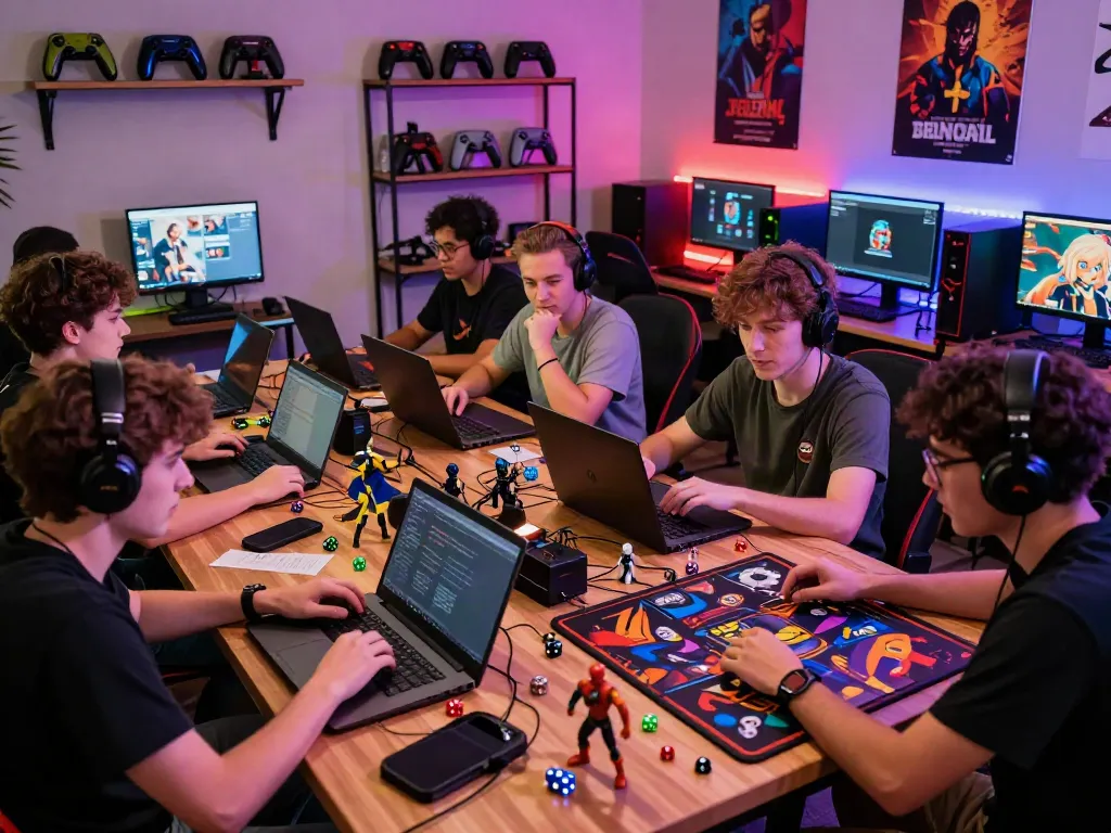 Diverse gaming community engaged in strategic tabletop gameplay with laptops and colorful game elements, embodying the peh888 online spirit.
