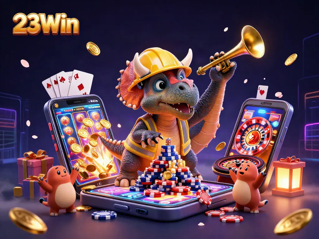 Feel the excitement of 23Win as our cartoon dinosaur characters celebrate a thrilling casino victory.