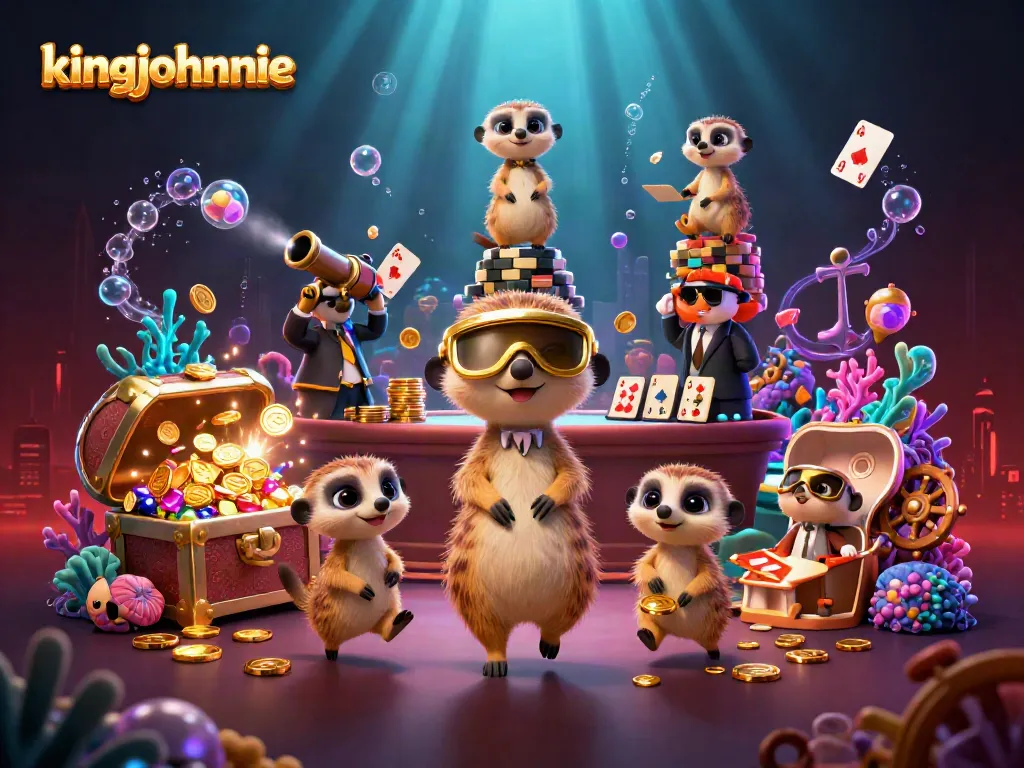 Experience the excitement of kingjohnnie casino with animated meerkats in a vibrant gambling scene.