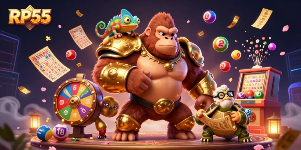 Engage with RP55 through dynamic lottery-themed 3D illustration featuring vibrant colors and joyful characters.