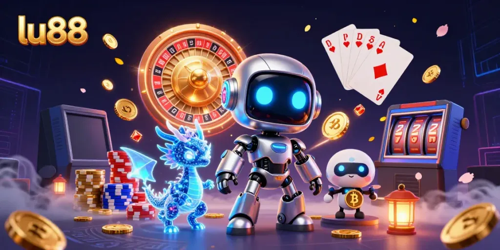 Win big with lu88 at this vibrant and dynamic online casino illustration filled with action and excitement.
