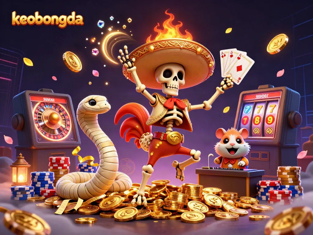 Experience keobongda's vibrant world of betting with characters celebrating atop golden coins in a lively casino scene.