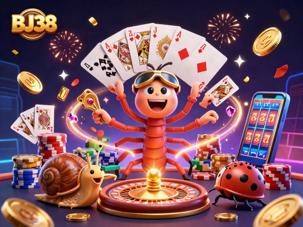 BJ38 sparks excitement with a colorful casino scene featuring an animated dealer and vibrant game elements.