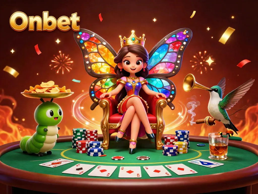 Engage with Onbet's vibrant casino scene featuring a butterfly queen, poker, and celebration elements.