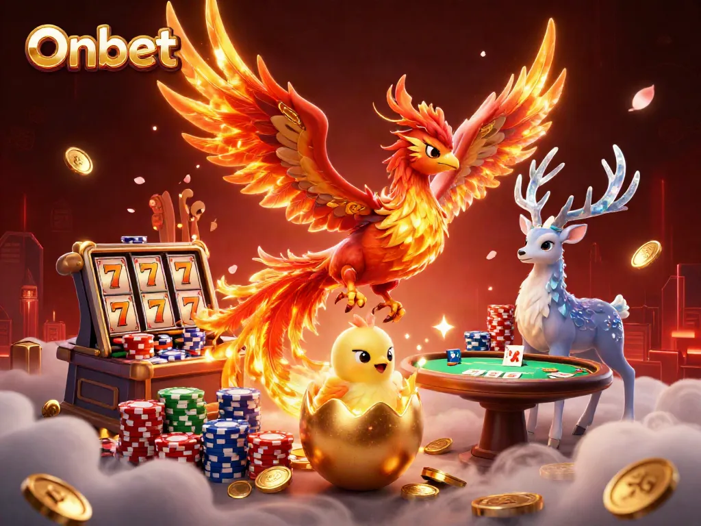 Experience Onbet's thrilling gaming adventure with vibrant casino elements and enchanting characters.