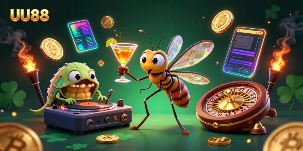 Experience thrilling gaming at UU88 with a vibrant casino scene featuring unique animated characters.