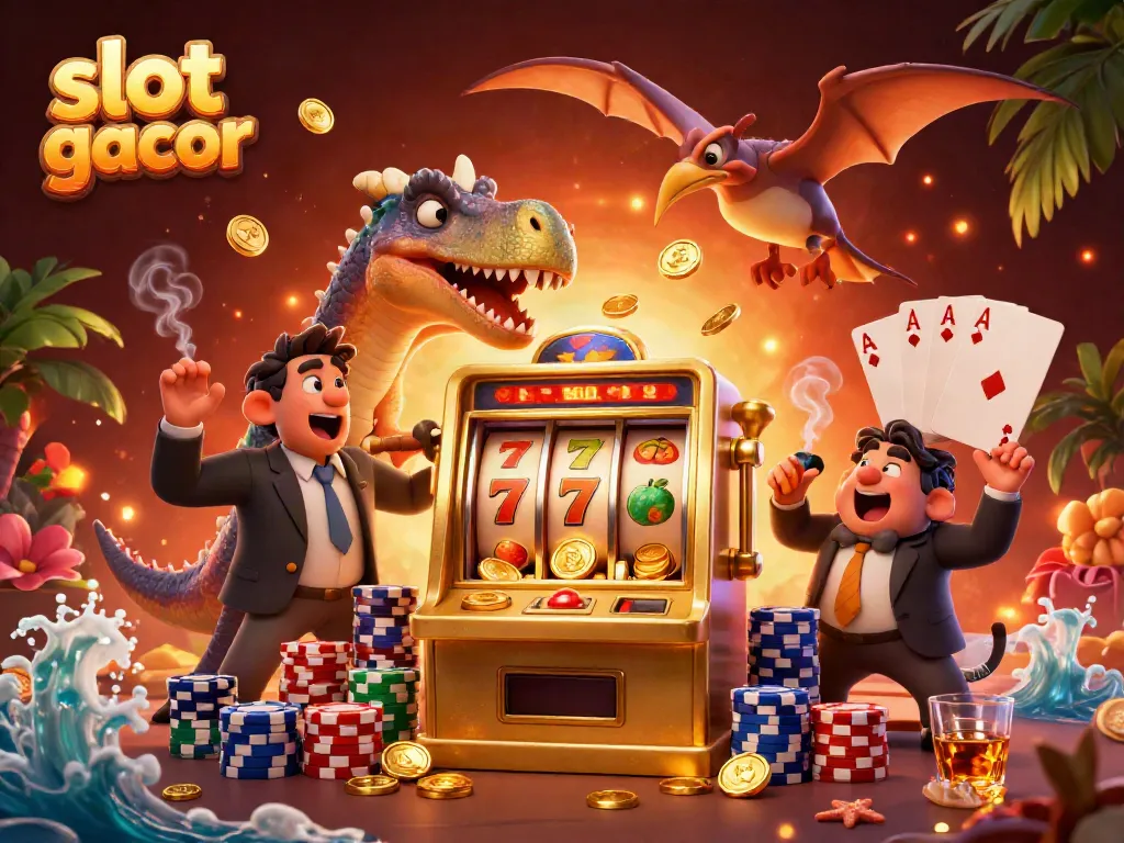 Gambar slot gacor di mana pachycephalosaurus menyerang mesin slot emas yang mengeluarkan koin jackpot