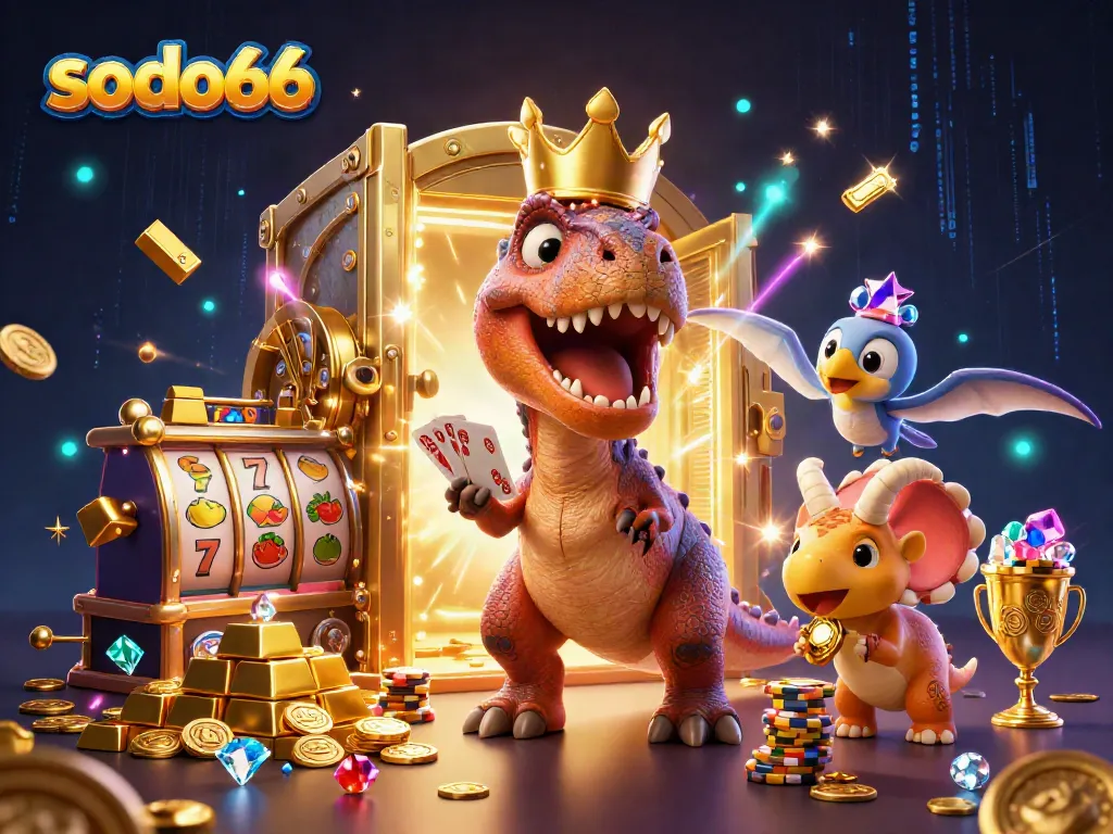 Sodo66 brings excitement to life as a T-Rex shuffles cards while a Triceratops stacks chips in a vibrant casino.