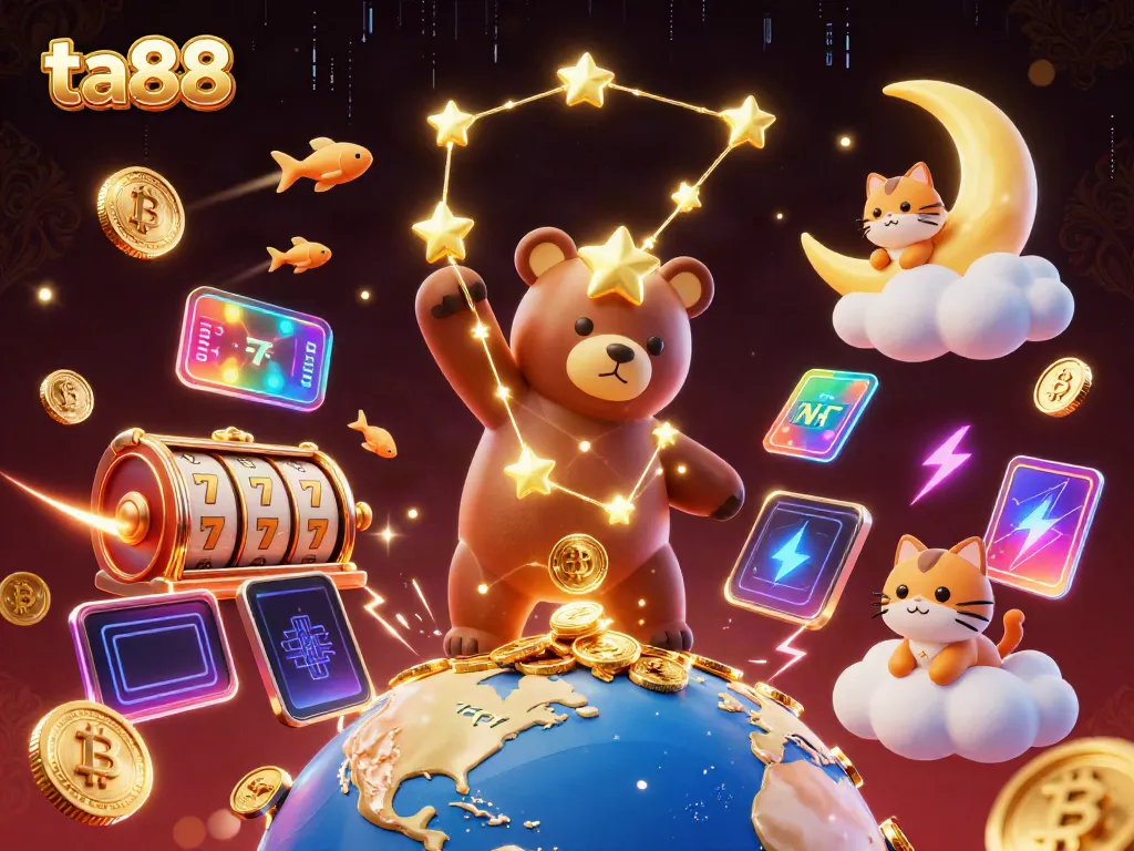 Scoop coins with the ta88 constellation bear in a rich casino scene of slot reels and crypto elements.