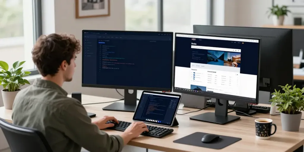 Developer working on A80 homepage project in a modern office