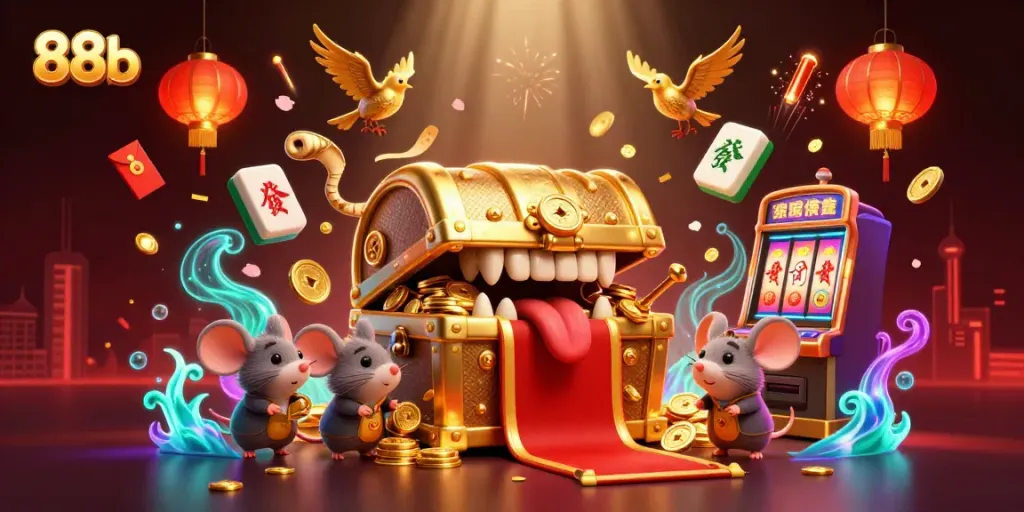 Experience thrilling casino action with 88b's dynamic 3D scene featuring treasure and games.