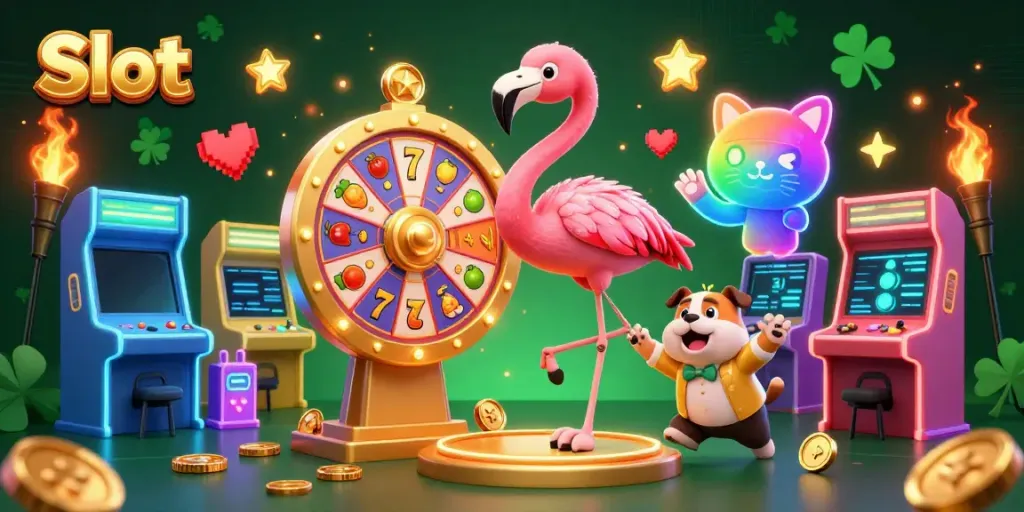 Spin and win in this vibrant Slot scene with 3D cartoon characters and gaming elements.