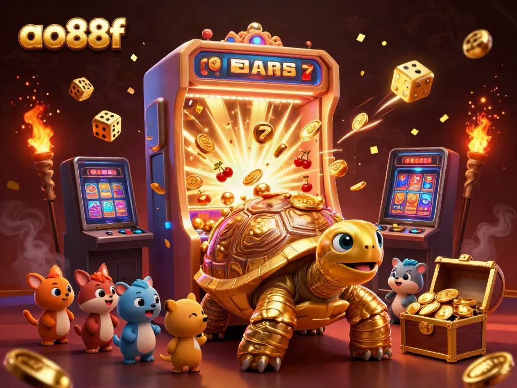 Players enjoy the colorful ao88f casino experience with a giant pinball tortoise at the center.