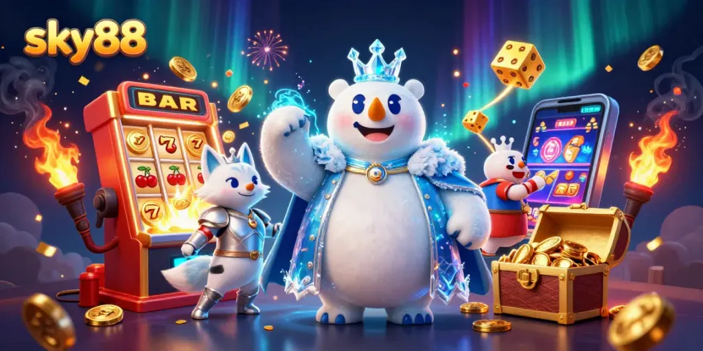 Experience the excitement of sky88 with vibrant 3D casino elements and animated jackpot scenes.