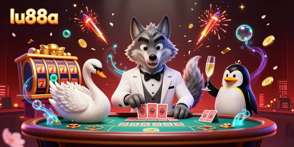 Win big at LU88a with a vibrant casino scene featuring a debonair wolf, elegant swan, and penguin sommelier.