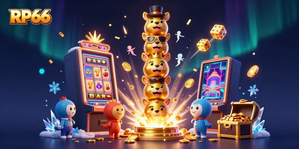 Win big with RP66 in a vibrant casino scene featuring a golden totem and dynamic slot machine.