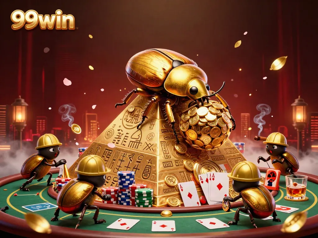 Engage in thrilling casino games with 99win as a golden dung beetle rolls a massive coin ball, creating a festive atmosphere.