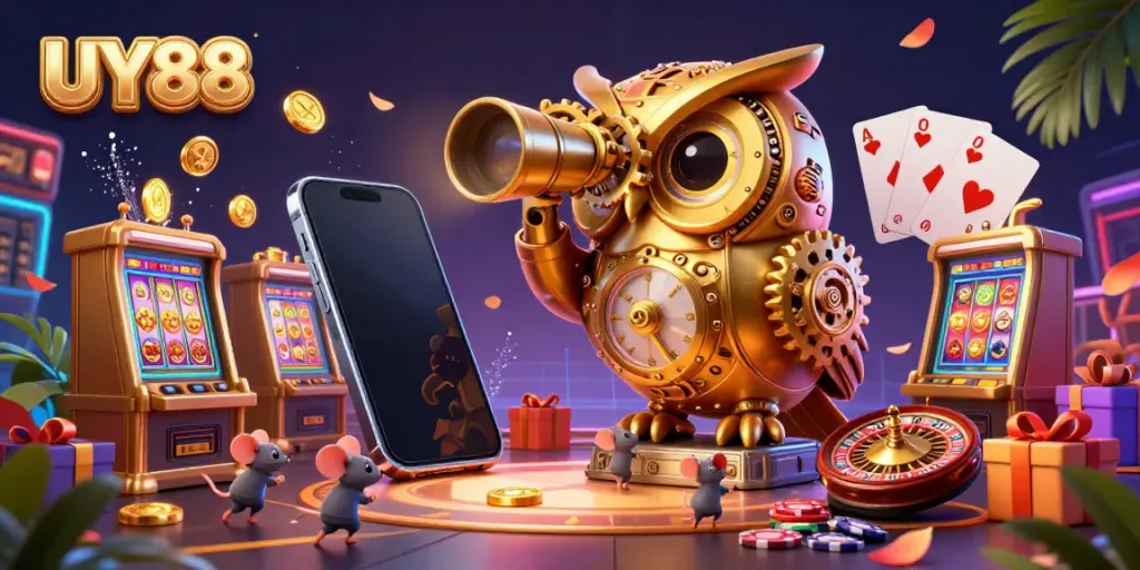 Engage in the vibrant world of UY88 with a golden owl observing the bustling casino scene.