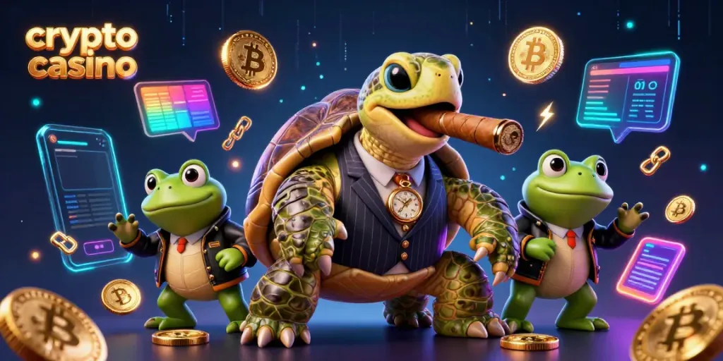 Engage in crypto casino gaming with vibrant 3D characters and blockchain elements.
