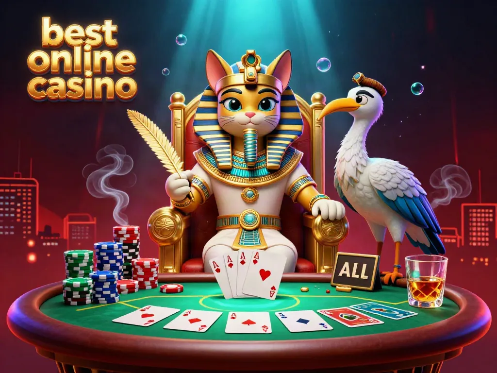 Experience the vibrant energy of the best online casino with an Egyptian pharaoh cat and poker elements.