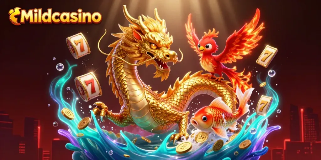 Mildcasino brings excitement with golden dragon, phoenix, and koi fish amidst vibrant casino elements.