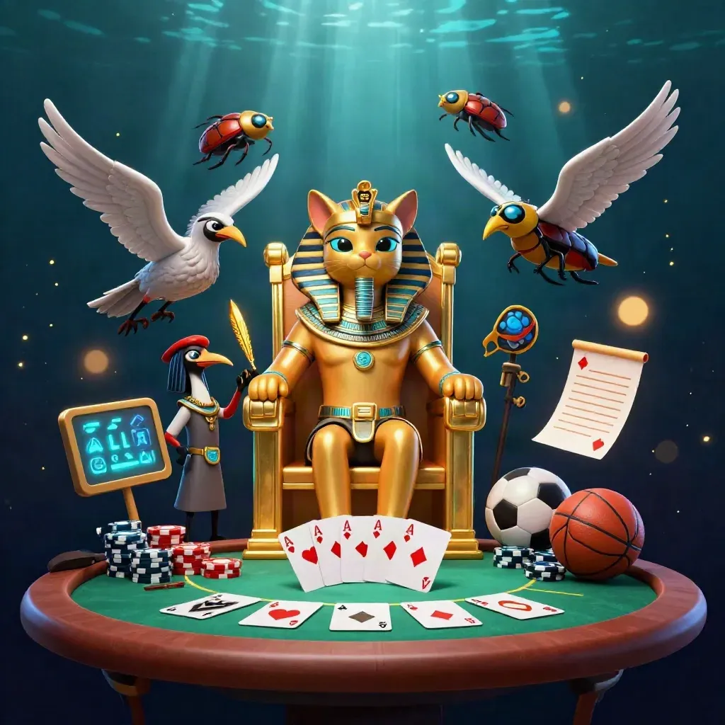 Pharaoh cat on throne with ibis scribe and gem-wing scarabs amid casino props.