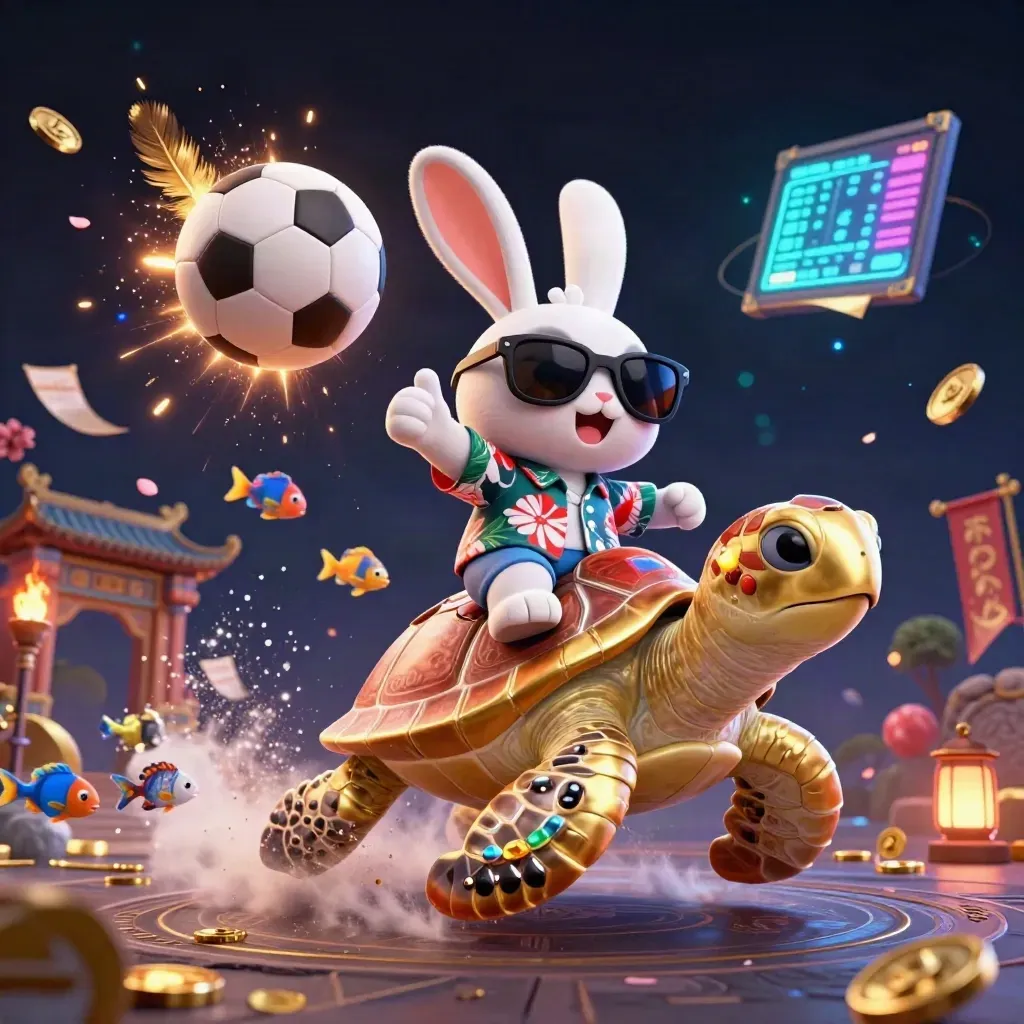 Lucky rabbit rides jeweled sea turtle amid balls, coins, sparks and temple gates