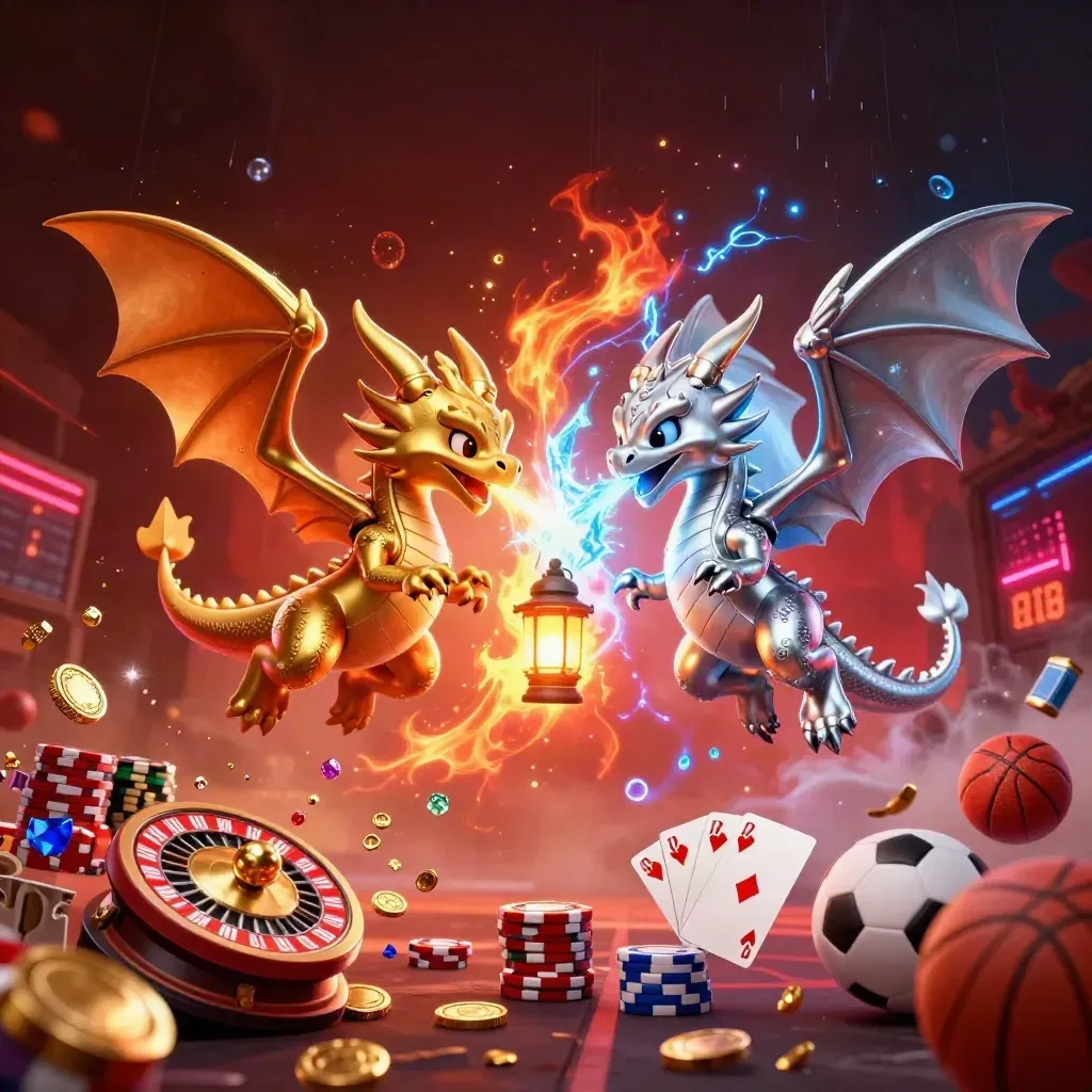 Intertwined gold and silver dragons, coins, chips, roulette wheel, and a lantern spirit in blazing casino action