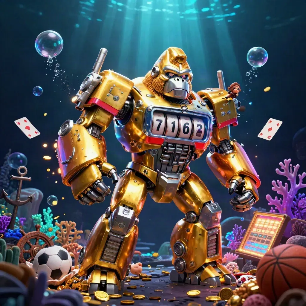 Golden gorilla mech with monkey pilot in an underwater treasure burst, glowing in navy, gold, cyan, and red.