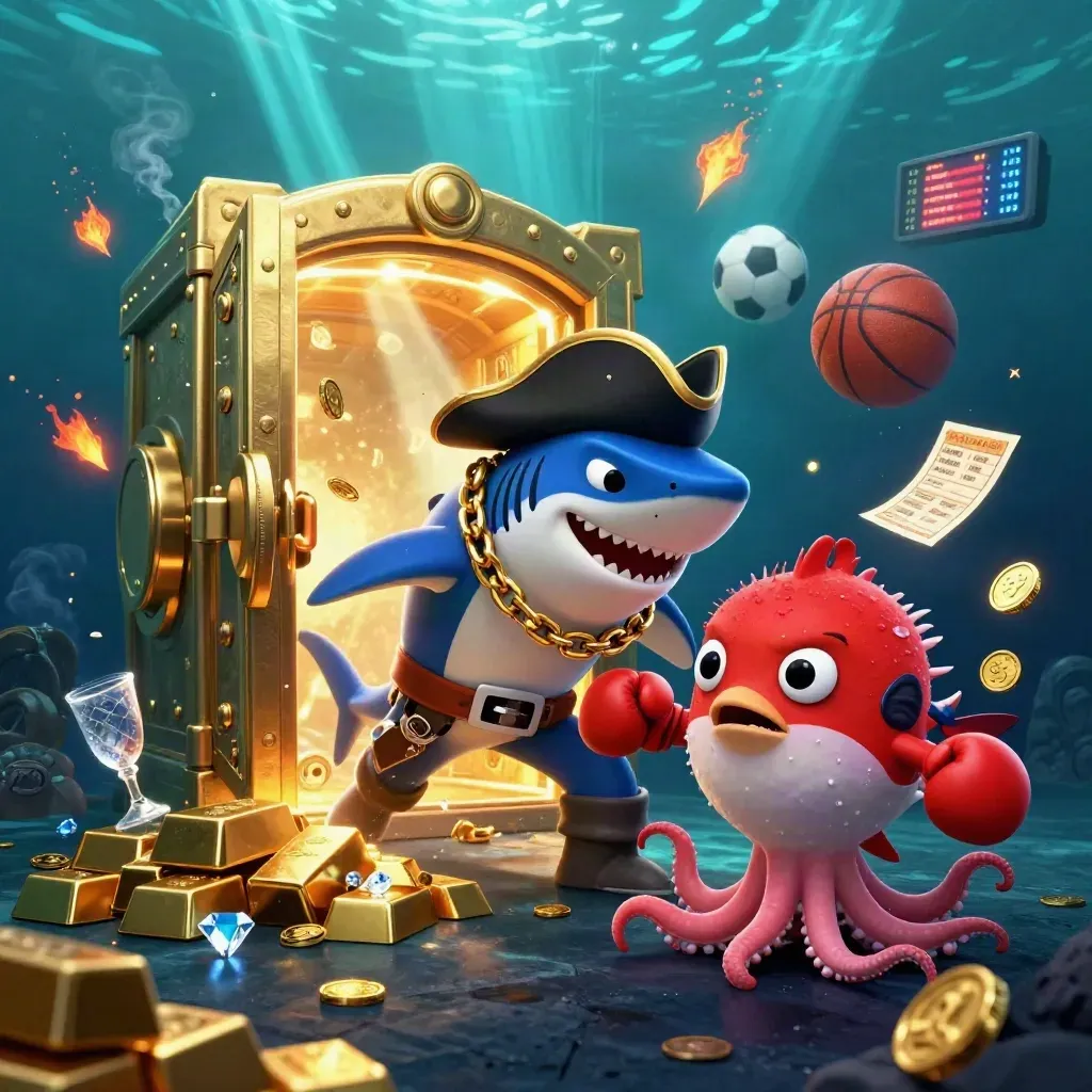 Pirate shark, boxing pufferfish, and juggling octopus explode around a glowing treasure vault underwater.