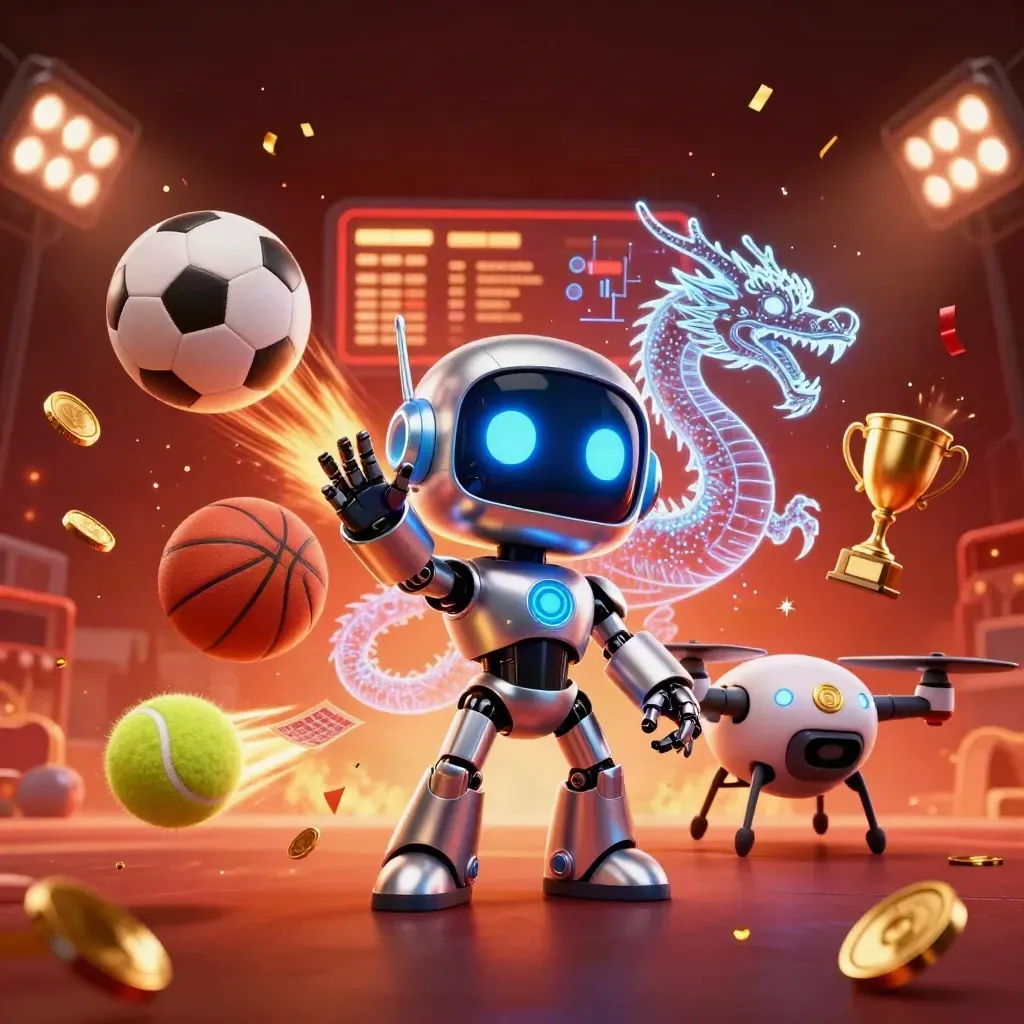 Robot mascot, holographic dragon, drone, and casino sports props in neon action.