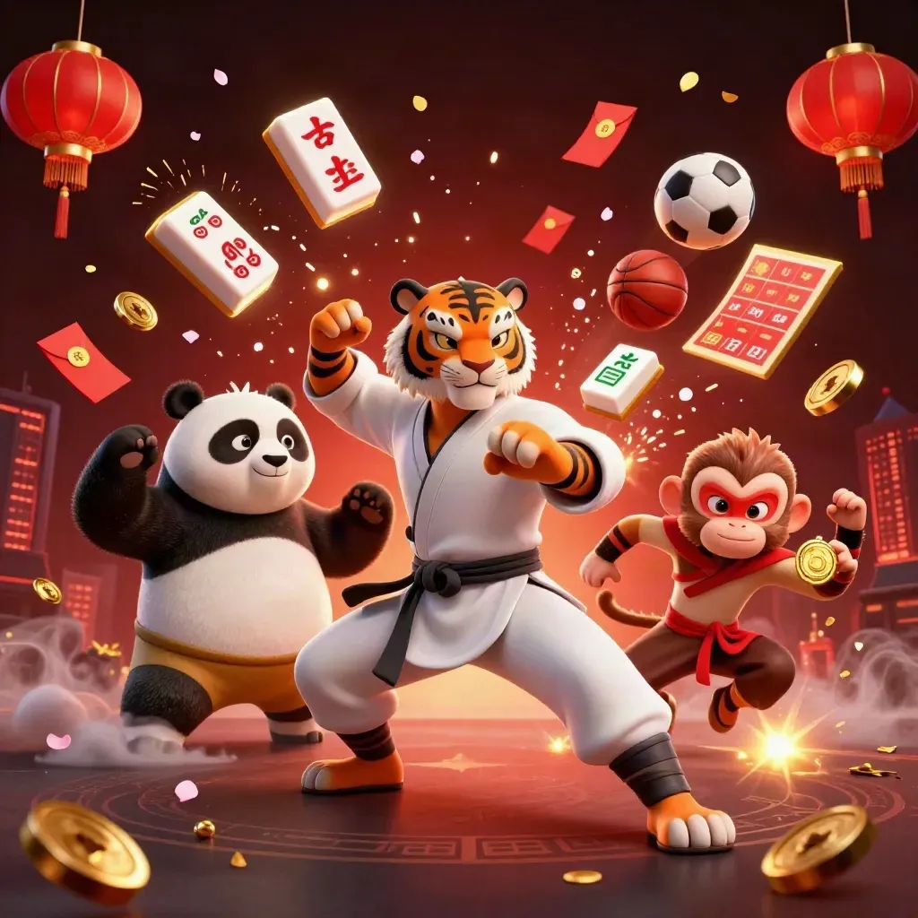Tiger, panda, and monkey kung-fu heroes burst through casino lights, coins, lanterns, and petals.