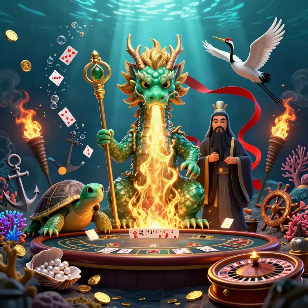 Jade dragon, turtle sage, and cranes in an underwater treasure cove with casino flair.
