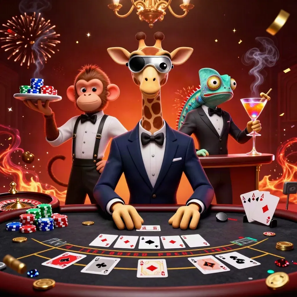 Giraffe, monkey, and chameleon in a glowing premium casino key art scene.