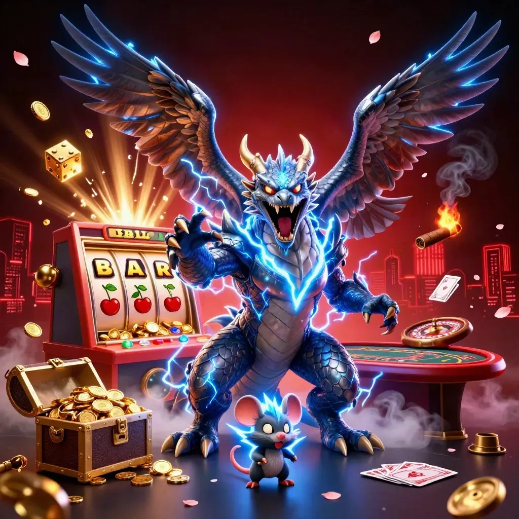 Thunder dragon, wind hawk and thunder-mouse amid casino jackpot chaos and red-gold light
