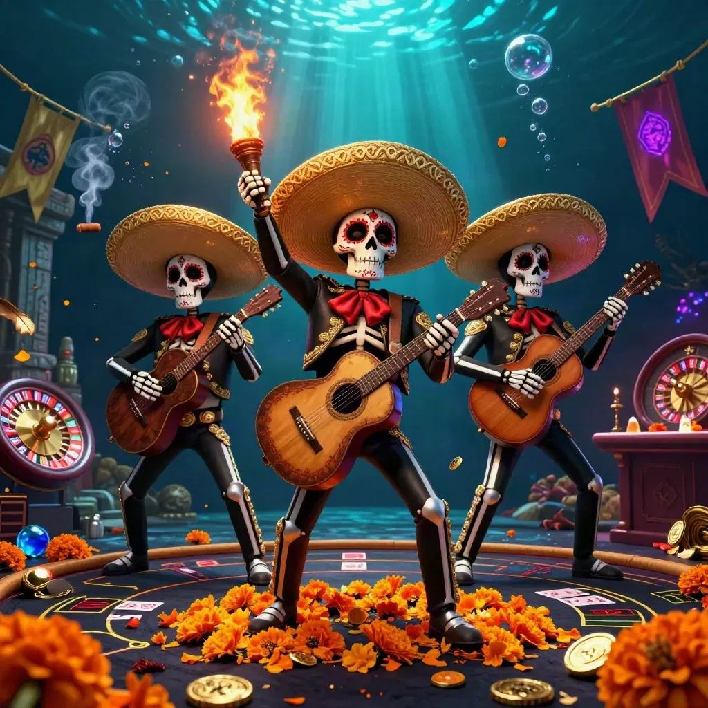 Skeleton mariachi trio in a teal casino-underwater glow with gold, brass, and dramatic light.